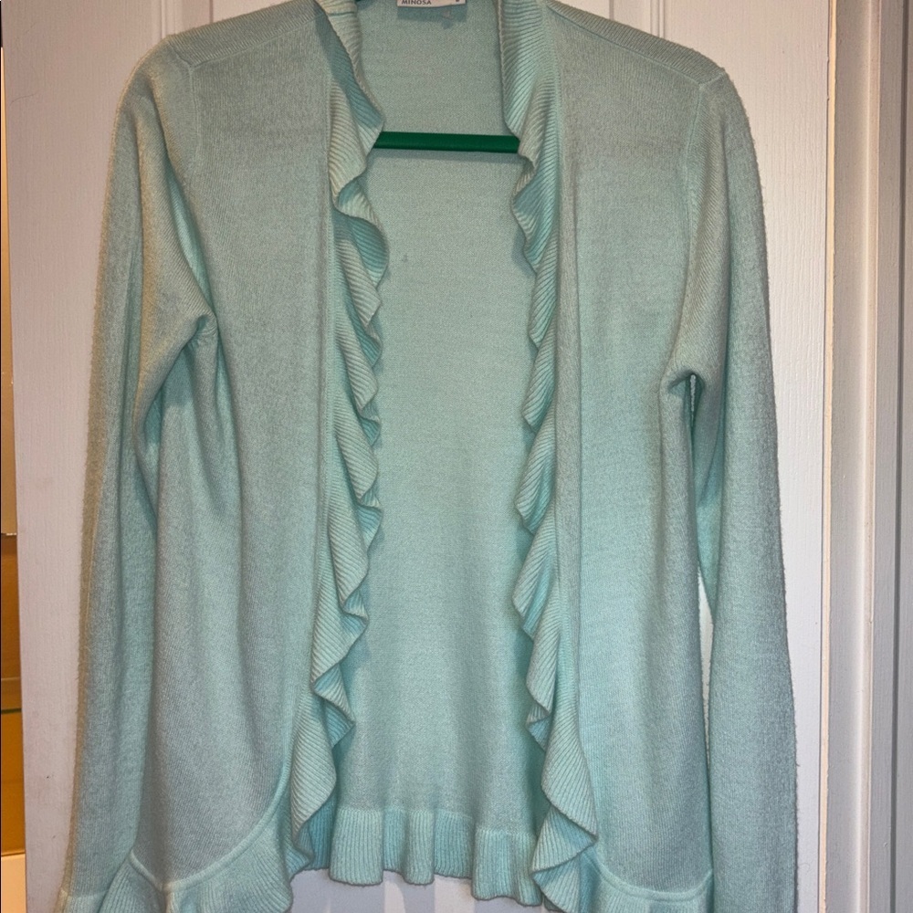 MINOSA BRAND…MINT GREEN SWEATER SMALL RUFFLE ALONG FRONT CENTER CUFFS BOTTOM HEM